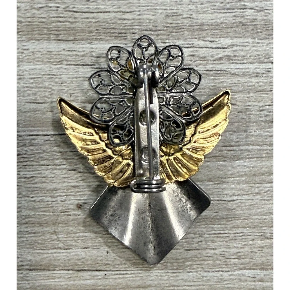 Vintage Brooch Pin Angel Gold Silver Tone with Cross Ten Thousand Angels